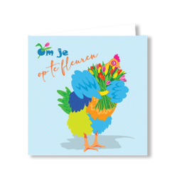 Colorful chicken get well card with blue yellow green flowers, cheerful illustration, greeting card design.
