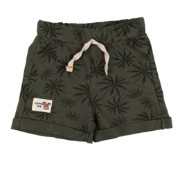 Olive green kids' shorts with a palm tree print pattern, featuring an elastic waistband and drawstring closure. Suitable for ages 2-5 years.