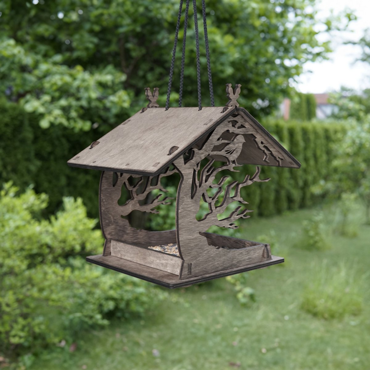 Comedero colgante de madera para pájaros, jardín al aire libre y alimentador de semillas para pájaros en el patio trasero