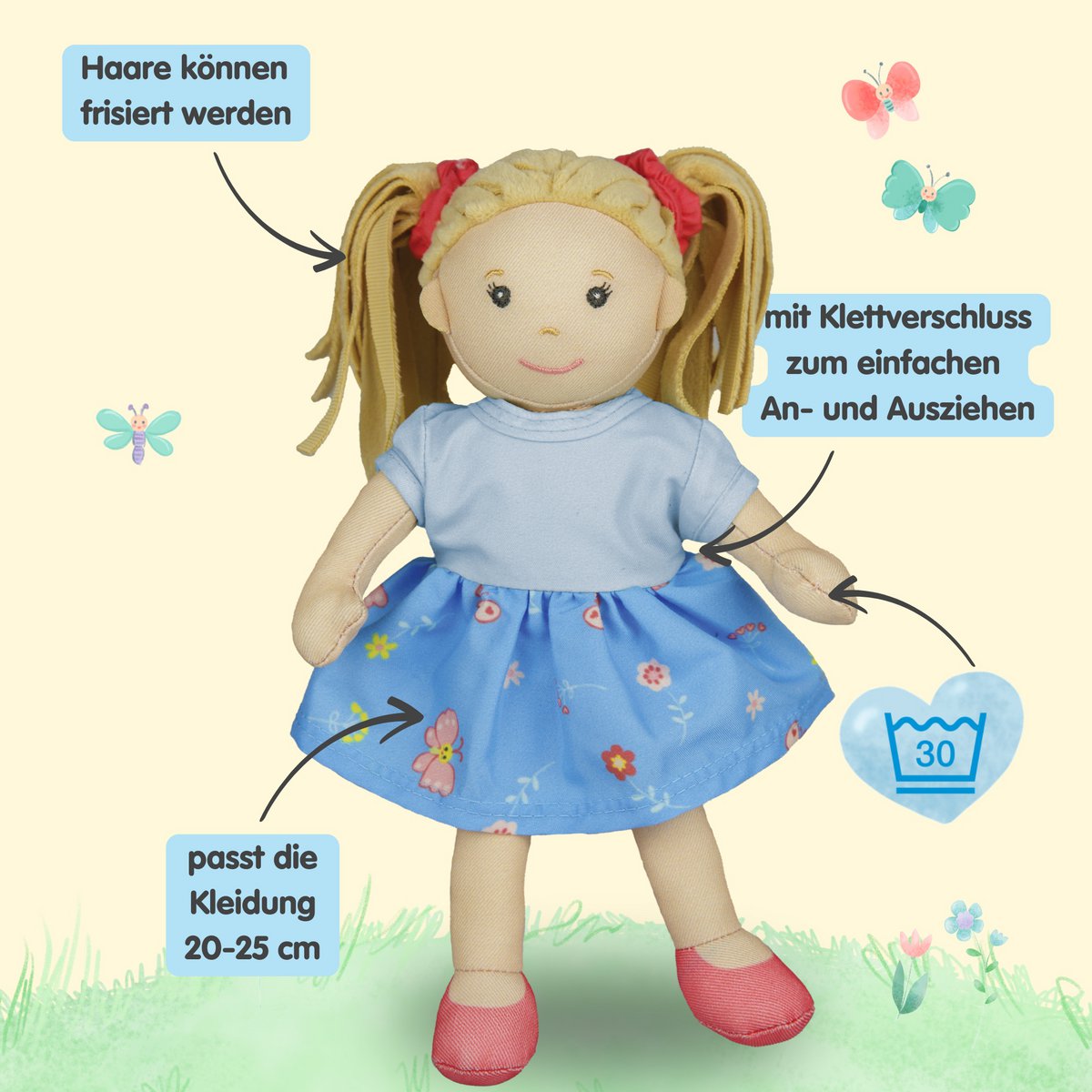 Doll di tessuto '' pippa '' con vestito per indossare e decollare, 22 cm