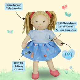 Stof Doll '' Pippa '' med kjole til at sætte på og tage af, 22 cm