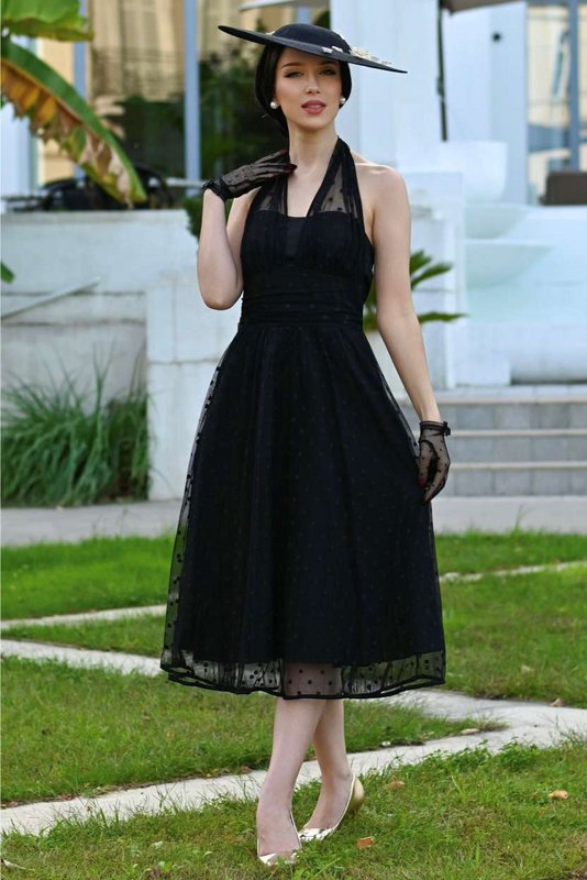 EU STOCK Dorothea Black Polka Dot Mesh Halter Dress
