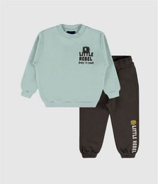 Light blue mint green sweatshirt with black text graphic, matching dark gray jogger pants, kids casual set.