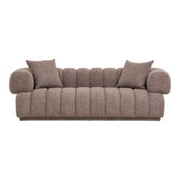 Large, plush brown sofa with tufted upholstery and thick cushions, suitable for 3 people. Made of polyester, foam, and plywood.