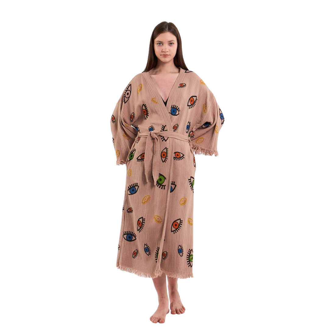 Evil Eye Bathrobe-Shawl Neck-Light Brown