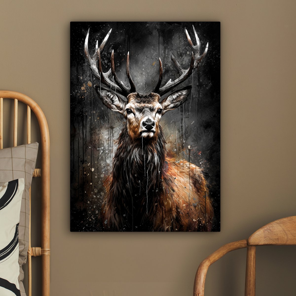 Leinwand Malerei - Wanddekoration Hert - Schwarz - Tier - Hirschbett - Wanddekoration Wohnzimmer - Schlafzimmer Dekoration - Raumzubehör - Leinwand Gemälde