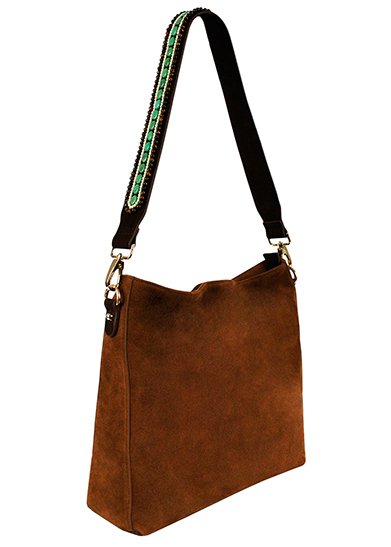 BOHO IBIZA BAG - Tracolla Tiger Turchese (70cm) + Borsa in pelle scamosciata (Cognac)