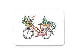 A colorful illustration of a bicycle with a basket full of plants and flowers. The bicycle is depicted in a whimsical, artistic style, suggesting a greeting card or postcard design.