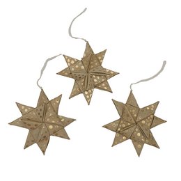 Set of 3 natural and gold star-shaped ornaments made of palmleaf, packaged in an Anna Nera pouch.