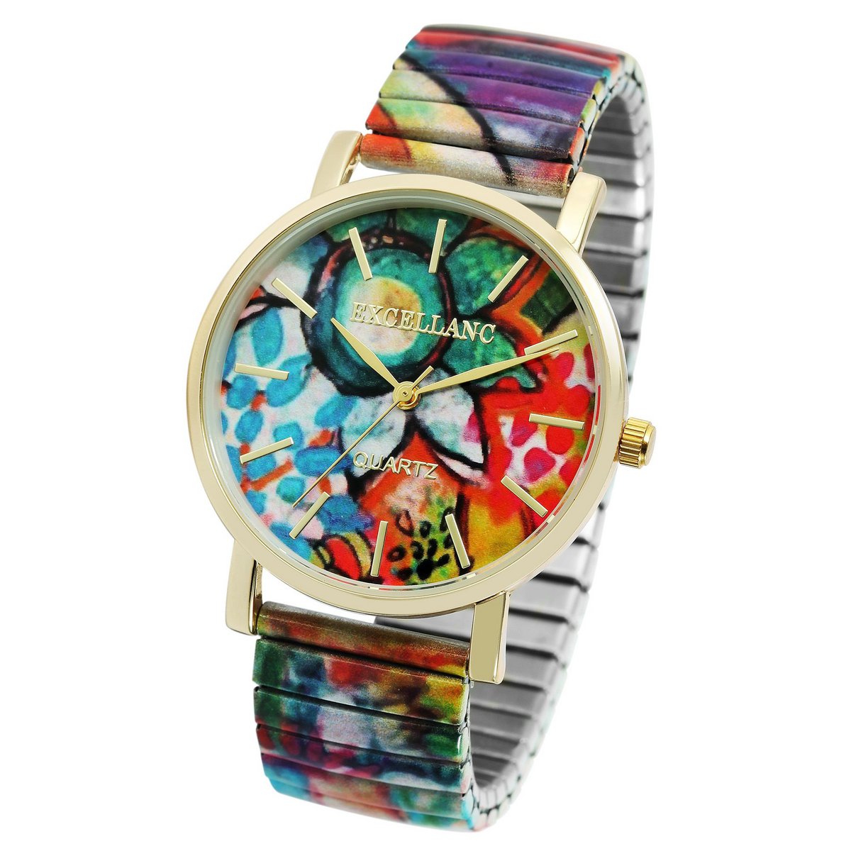 Excellanc Damenuhr mit Zugarmband, bunt/goldfarben
