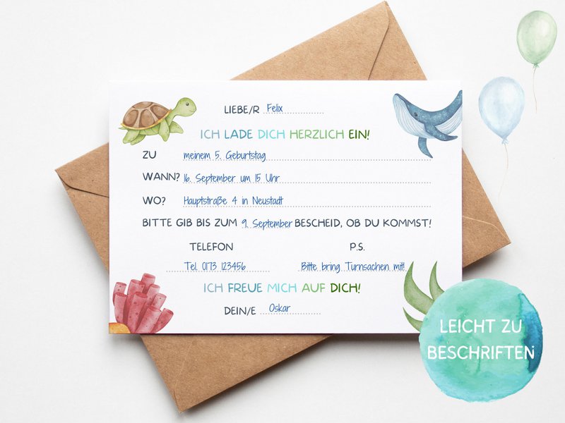 Underwater invitation card set to fill out including envelopes for shark children's birthday parties or mermaid parties