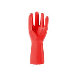  Red hand-shaped jewelry stand with five fingers.