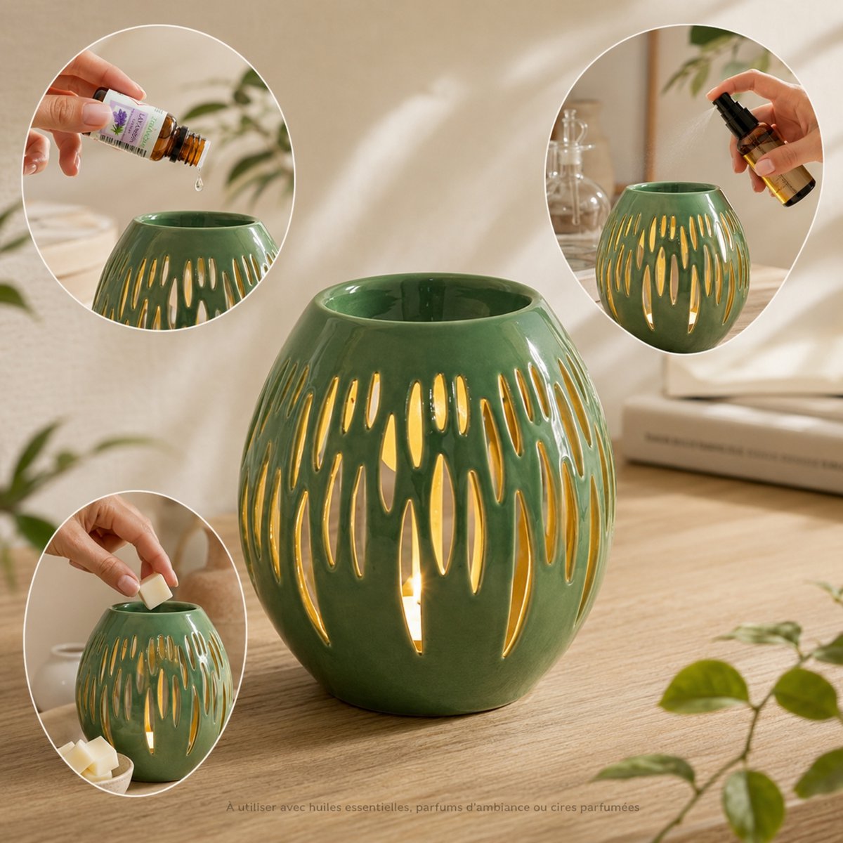 Kominek do perfum z serii Céramy – Ovali Olive – Lakierowany ceramiczny świecznik – Dyfuzja wosków zapachowych, olejków eterycznych – Dekoracyjny pomysł na prezent
