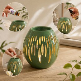Kominek do perfum z serii Céramy – Ovali Olive – Lakierowany ceramiczny świecznik – Dyfuzja wosków zapachowych, olejków eterycznych – Dekoracyjny pomysł na prezent