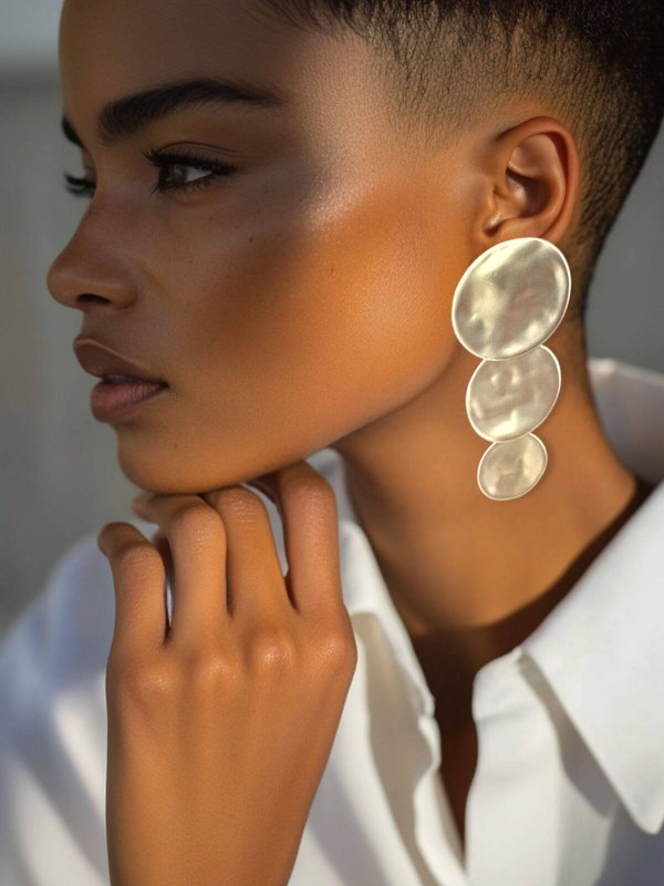 Meli long round statement earrings - silver