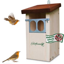 A wooden bird nesting box with a slanted roof, designed to be cat-proof. The box has two oval openings and is labeled with the brand name "ERDENFREUND®" and a warning about cats. The image also shows two small birds flying near the box.
