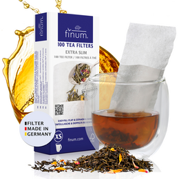  Small, round tea filters made of natural materials for brewing loose leaf tea. Includes 100 filters in a blue and white box.