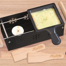 Raclette-Duo-Set auf Teelicht – inklusive Pfännchen, Holzspatel und Halter