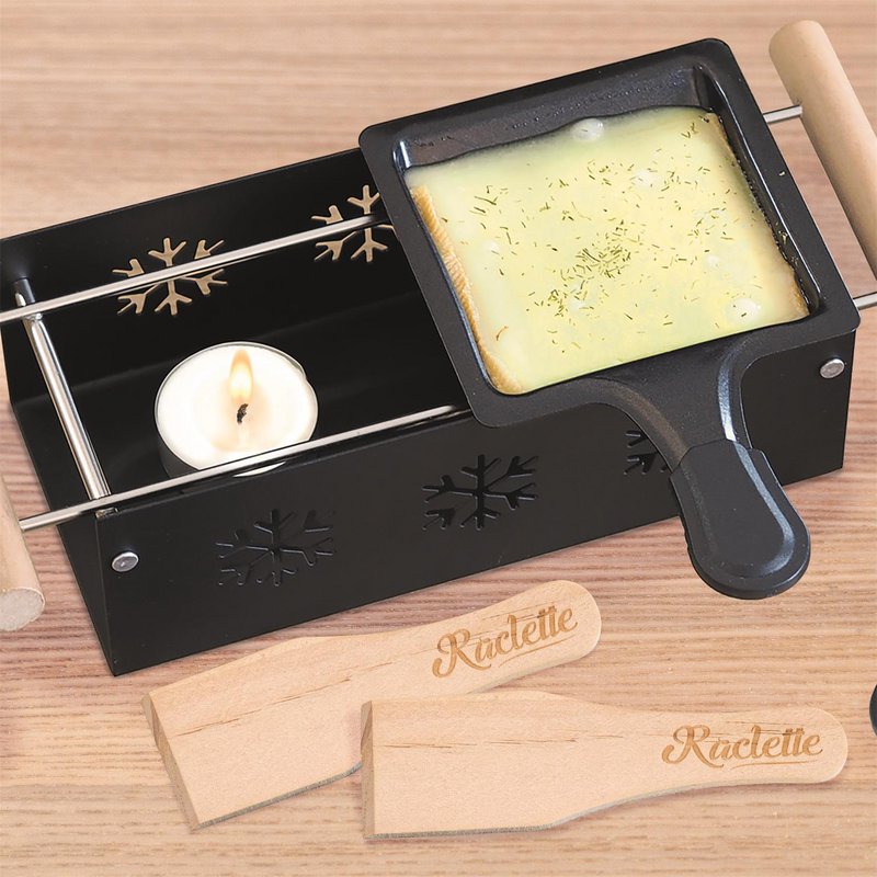 Raclette-Duo-Set auf Teelicht – inklusive Pfännchen, Holzspatel und Halter