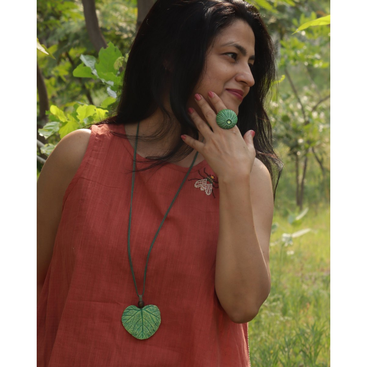 Pendant Necklace | Papier mache Leaf Handmade Hand-painted