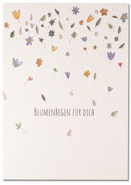 Colorful floral and nature-inspired illustrations adorn this greeting card, featuring a variety of flowers, leaves, and other natural elements in a whimsical design.