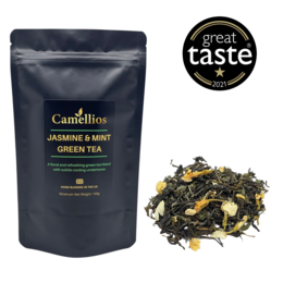 Jasmine and mint green tea, loose leaf, 100g. A fragrant and flavorful blend of green tea, jasmine flowers, and mint leaves.