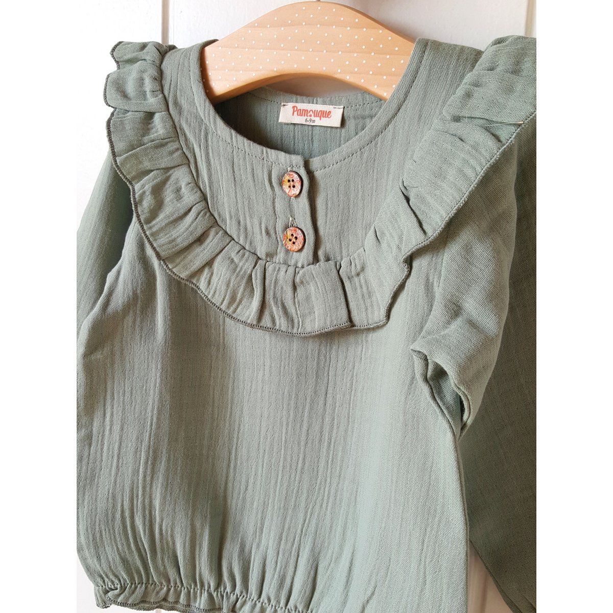 Blouse bébé fille vert sauge / 100% coton bio double gaze
