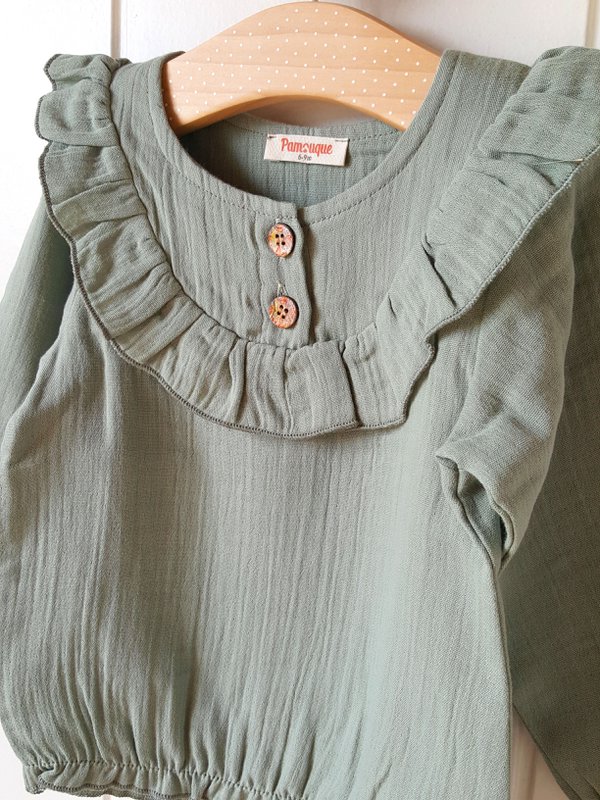 Saliegroene blouse voor babymeisjes / 100% biologisch dubbel gaaskatoen