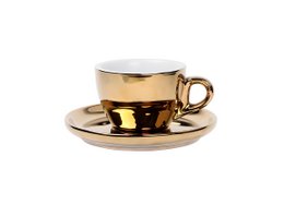 A set of 6 gold-colored ceramic coffee cups and saucers, each cup holding 160 ml of liquid. The cups have a shiny metallic finish and a simple, elegant design.
