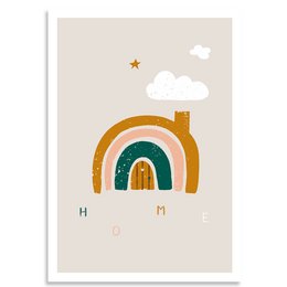 A colorful poster featuring a whimsical rainbow house design with clouds and a star in the sky. The poster has a minimalist, modern aesthetic and would make a charming addition to a nursery or child's room.