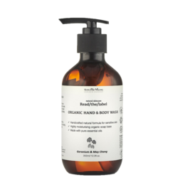 Organic hand and body wash with geranium and may chang scents. Contains natural ingredients for gentle cleansing.