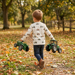 Beige kinder T-shirt met lange mouwen en tractorprint