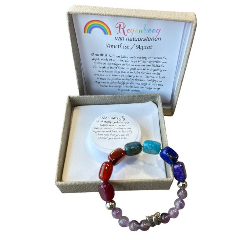 Women's bracelet Rainbow Agate with stainless steel butterfly bead