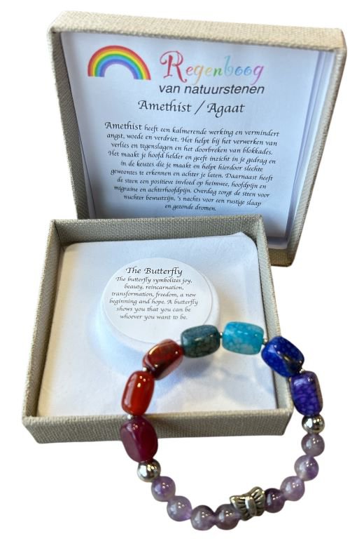 Women's bracelet Rainbow Agate with stainless steel butterfly bead