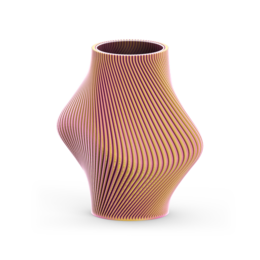 A tall, cylindrical vase with a unique, ribbed texture in a vibrant cotton candy and watermelon color palette.