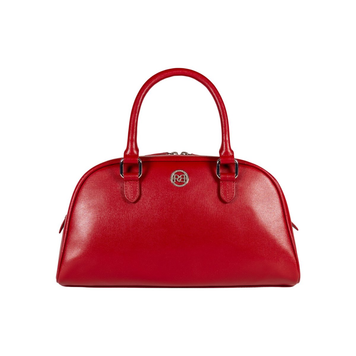 RB1034V | Sac Bowling VIRGINIA pour femme en véritable cuir Saffiano fabriqué en Italie. Accessoires en métal argenté brillant. Couleur rouge. Dimensions : 35 x 19 x 14,5 + 12 cm (poignée lumineuse)