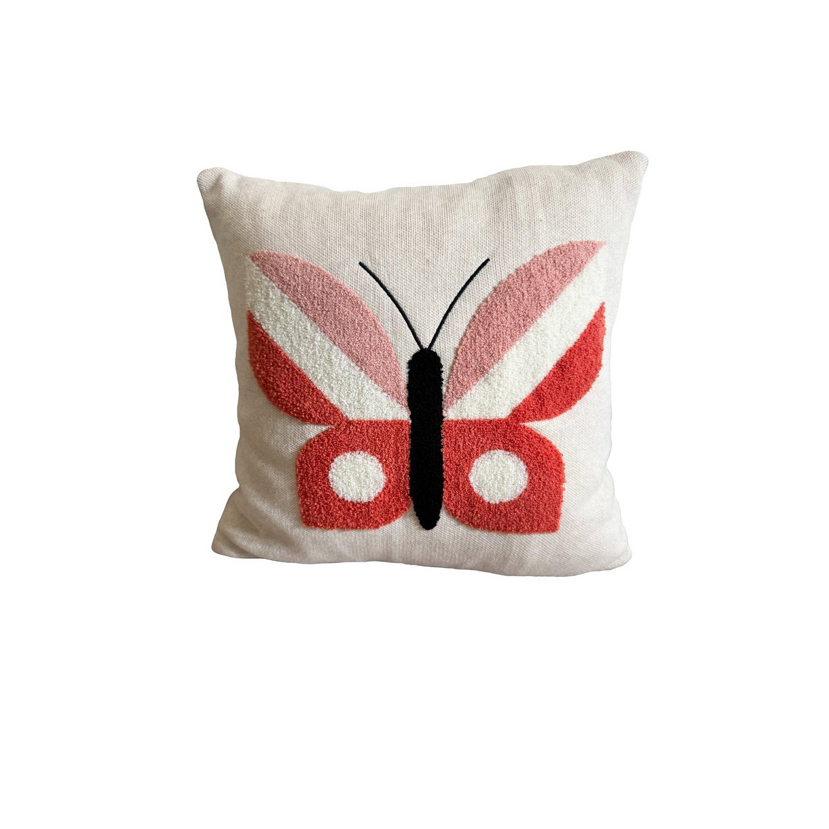 Cuscinetto farfalla rosa, morbido in cotone con ricamo punchneedle.