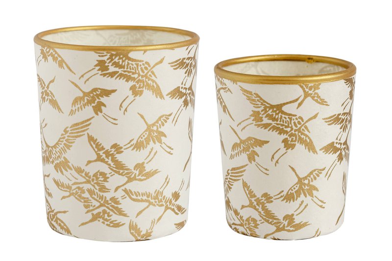 Medium Tealight Holder Made of Glass & Chiyogami Paper | Flying birds | Hand made