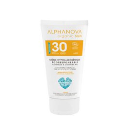 White sunscreen tube with "ALPHANOVA SUN BIO SPF 30 sunscreen allergic sensitive skin - waterproof" text. Sunscreen for sensitive skin with SPF 30 protection.