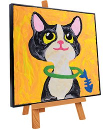 "Paint by numbers art kit featuring colorful cat design with yellow background and included supplies"