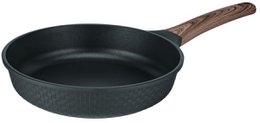 A round, black cast iron frying pan with a metal handle. The pan is suitable for all heat sources and is PFAS-free.