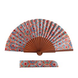 Orange Zellige Tilework Satin Hand Fan 23 cm