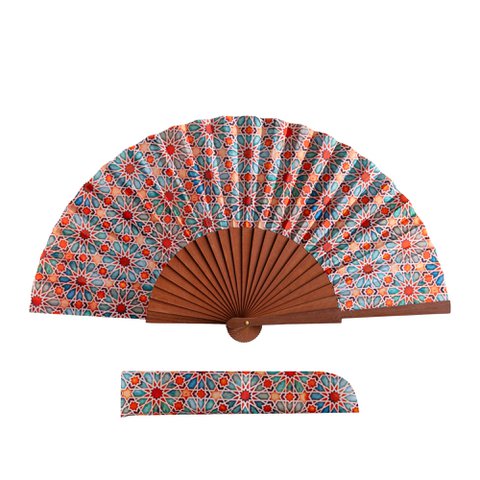 Orange Zellige Tilework Satin Hand Fan 23 cm
