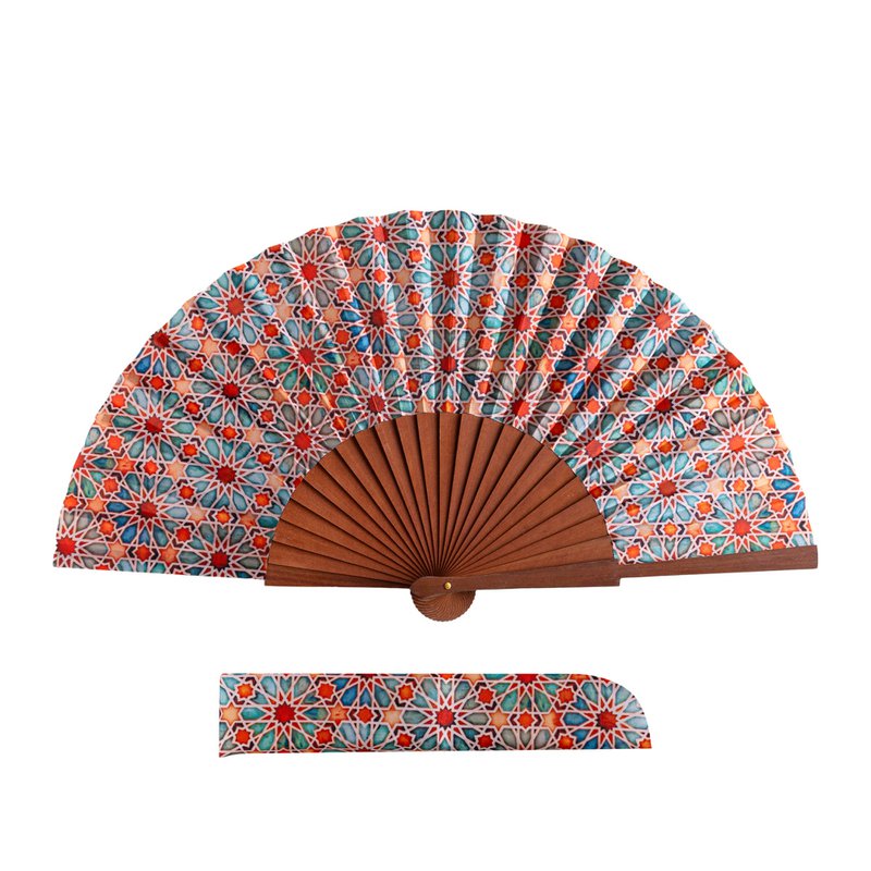 Orange Zellige Tilework Satin Hand Fan 23 cm