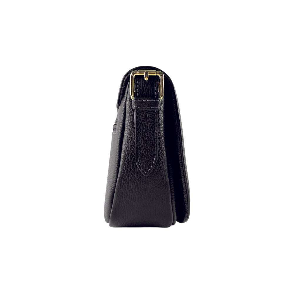 RB1002A | Borsa a Tracolla in Vera Pelle Made in Italy con Tracolla removibile in pelle e attacchi con fibbie in metallo Oro Lucido - Colore Nero - Dimensioni: cm 26 x 20 x 10