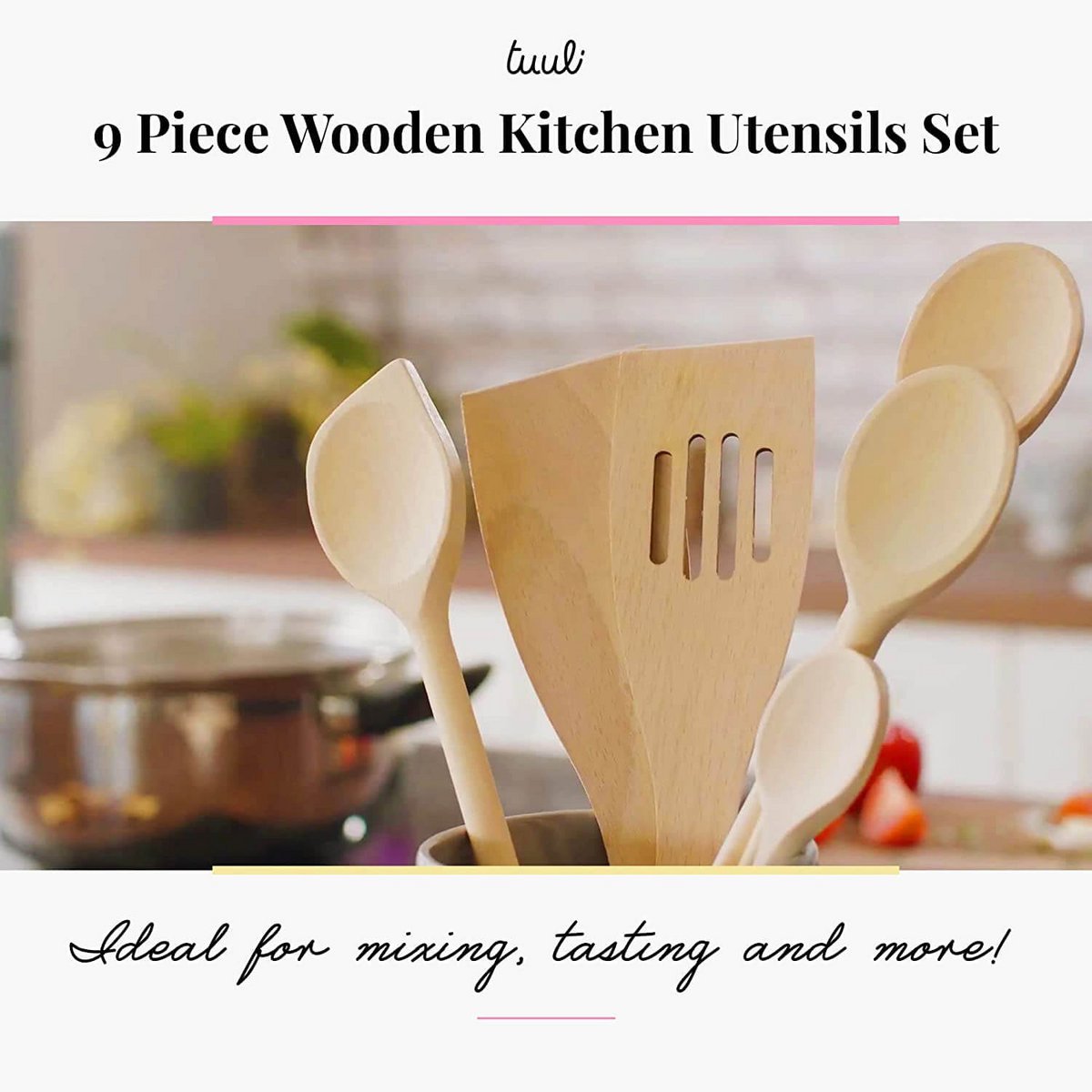 9 Piece Wooden Kitchen Utensil Set (Cooking Spoons, Spatulas, Honey Spoon)