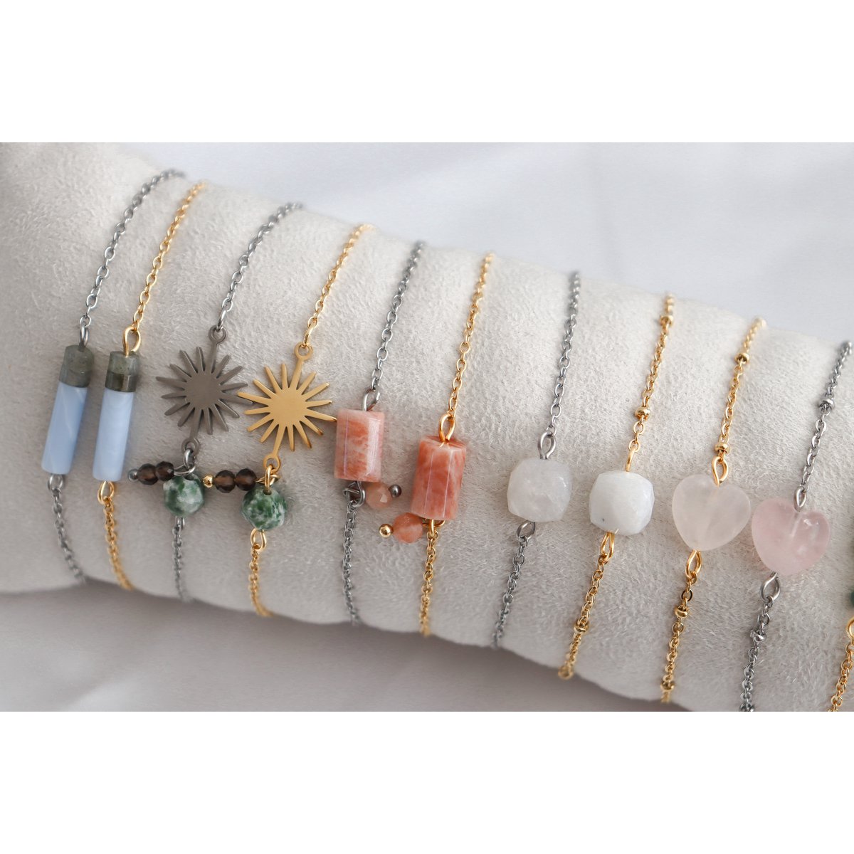 Pulsera de cuarzo ahumado y jaspe con manchas verdes - Plata
