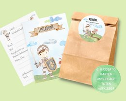 Knight-themed invitation cards and gift bags for medieval children's or boys' birthdays, featuring illustrations of knights, castles, and other medieval elements.