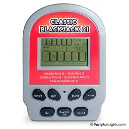  Retro pocket blackjack 21 game with digital display, buttons for deal, hit, stand, and reset functions. Compact and portable for on-the-go gameplay.