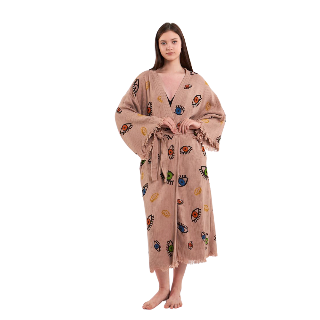 Evil Eye Bathrobe-Shawl Neck-Light Brown
